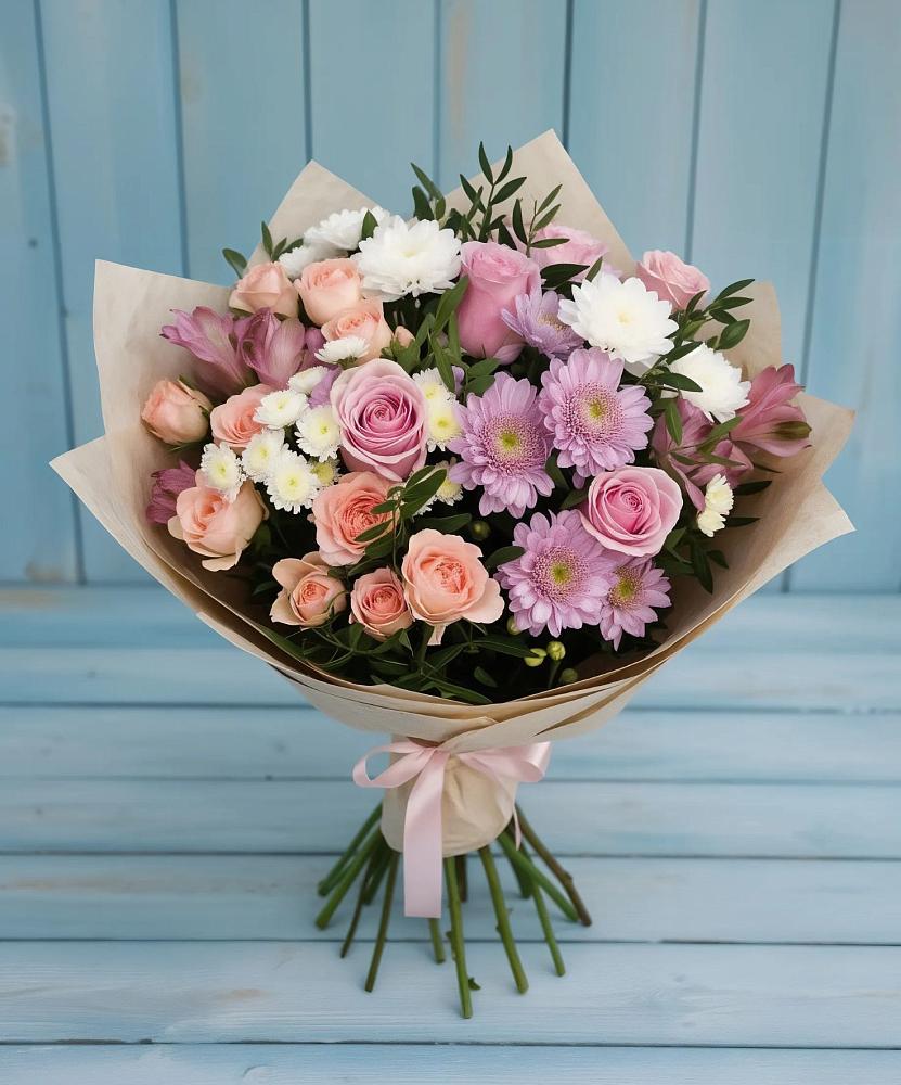 Букет цветов из: Хризантемы, Розы и Альстромерии в Хвойной