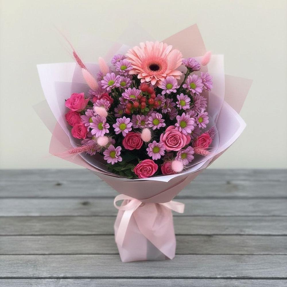 Букет цветов из: Розы, Герберы и Хризантемы в Хвойной